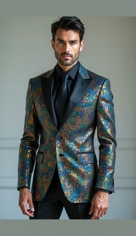 Create me a picture of a special suit model for a brunette man with slanting eyes 192 cm tall. Let it be peacock patterned

