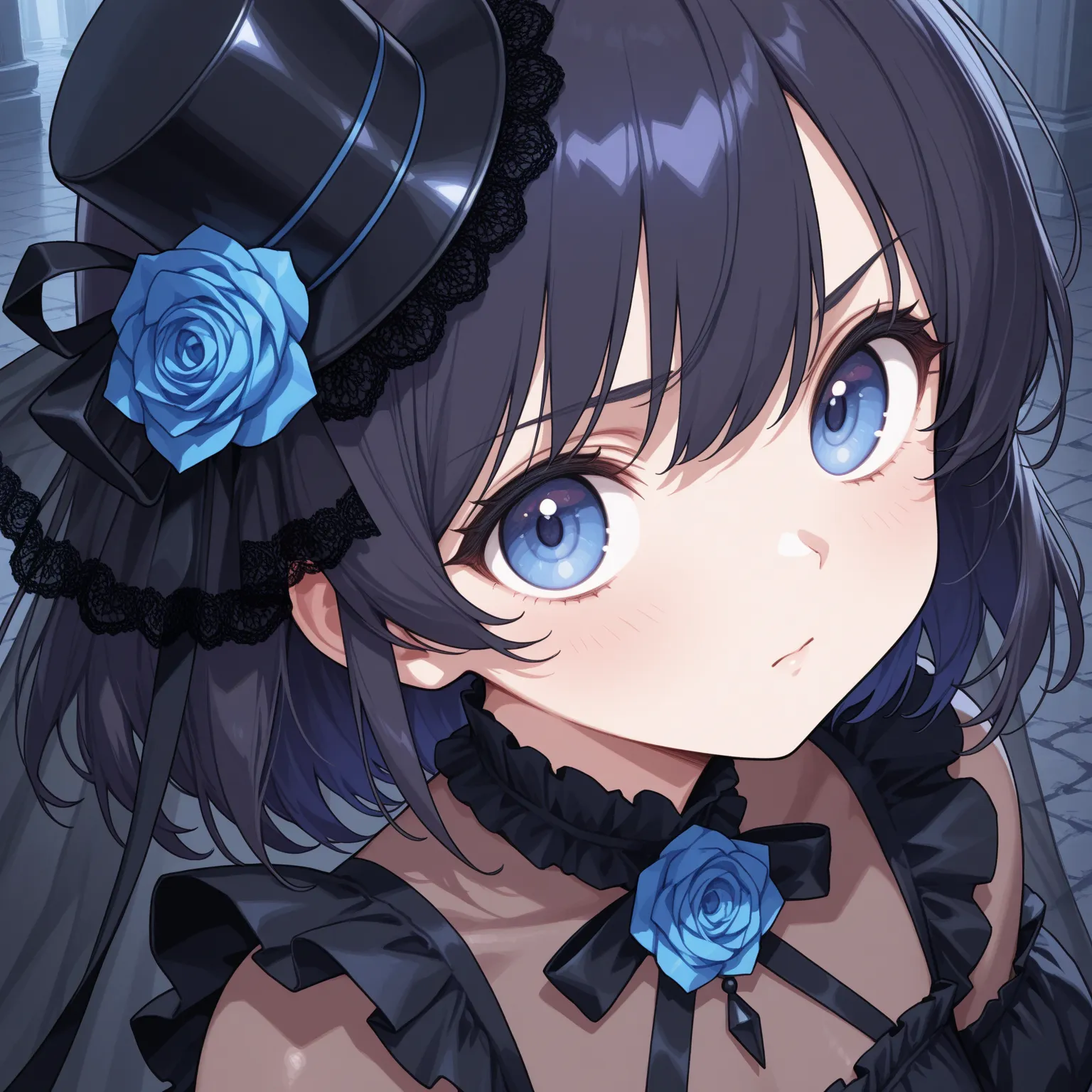 (Intricate:1.5), (ultra detailed:1.3), (super fine illustration), (extremely detailed CG),  (minihat:1.2\((see-through)) blue long ribbon)\blue rose:1.2\frill:1.4, BREAK, 1girl\gothic dress\((see-through)) veil, (masterpiece:1.2), (bestquality:1.2), (gorge...