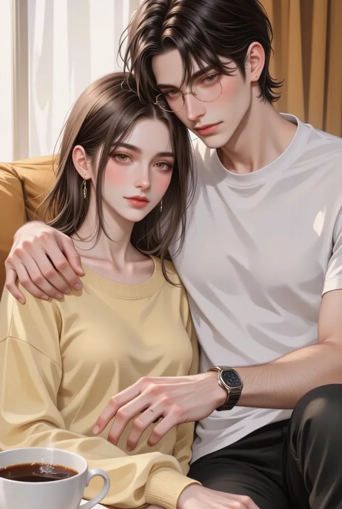 A beautifully detailed, high-resolution anime-style illustration of a young couple sitting closely on a cozy sofa, bathed in warm, golden sunlight from a nearby window. The scene captures a soft, romantic atmosphere with intricate lighting and shading, ens...