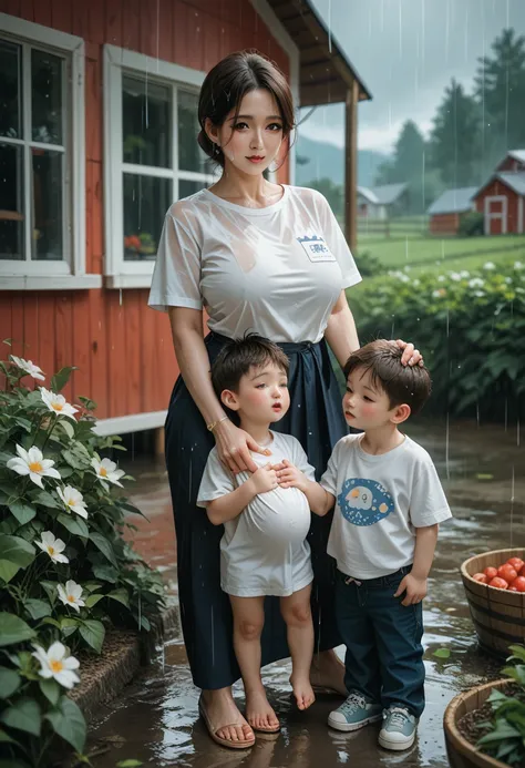 2persons(1 korean milf) and( a cute baby boy ) standing in the farm outdoor, full body, rainy day, wearing white t-shirt no pant, baby boy behind her