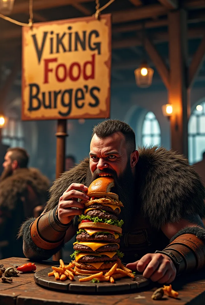 Viking eating hamburgers with a sign behind that says Viking Food Burgers 