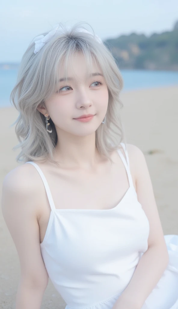 japanese woman、beautiful girl、 beautiful white skin、 silver hair、Wavy Medium Hair、naked、Beautiful small face 、smile、Double eyelids、 has big eyes、 D cup breasts、Pushed-up breasts、Delicate body、 petite height、pure white apron、No tattoos 、without pubic hair、 ...