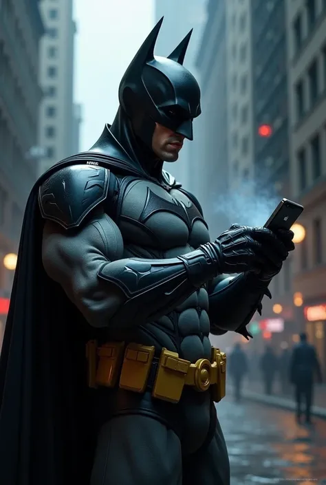 Batman holding a smartphone with the screen facing forward 