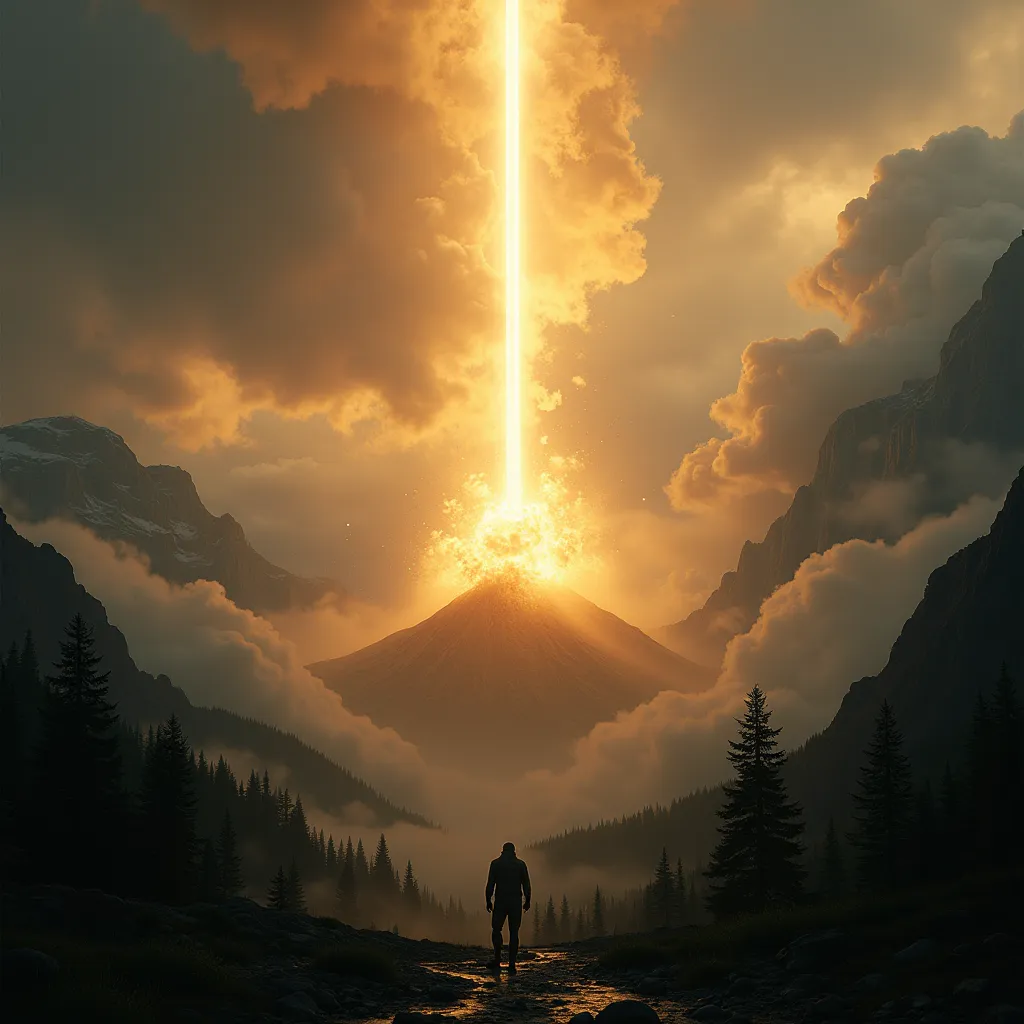 Noon, mountain range, dense forest valley, a golden beam of light shooting down from the sky into a mountain peak causing it to explode, the golden light has clouds swirling around it in the sky and is obscured by a whirlwind of sand and dirt that surround...