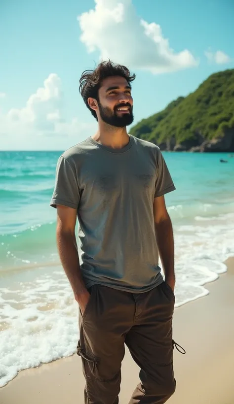 A man named Naim, age 30, with unkempt dark brown hair, a thick beard, and deep brown eyes, wearing a faded gray t-shirt and worn-out dark brown pants, standing on the sunny sea shore of a green, lush island.looking at the sky and thanking god, the bright ...