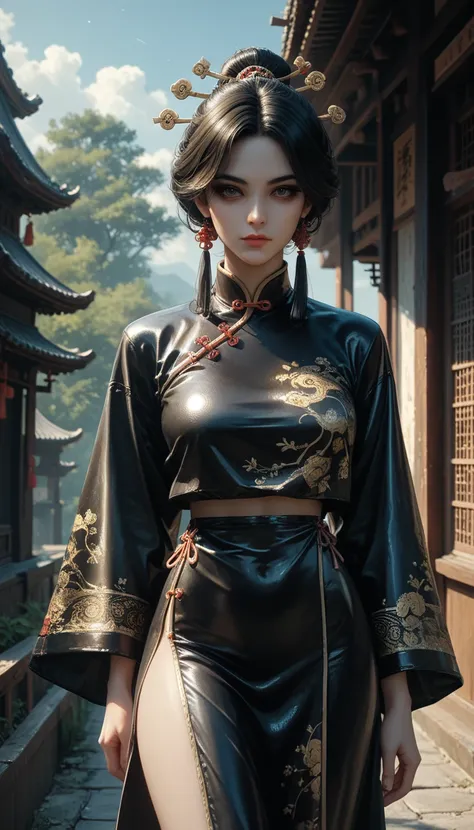  middle-aged woman, goddess,  beautiful face, Shiny leather, menacing eyes, Long black hair, fluffy clothes, black dark blue,  Standing outside, ancient Chinese style, traditional Chinese clothing
