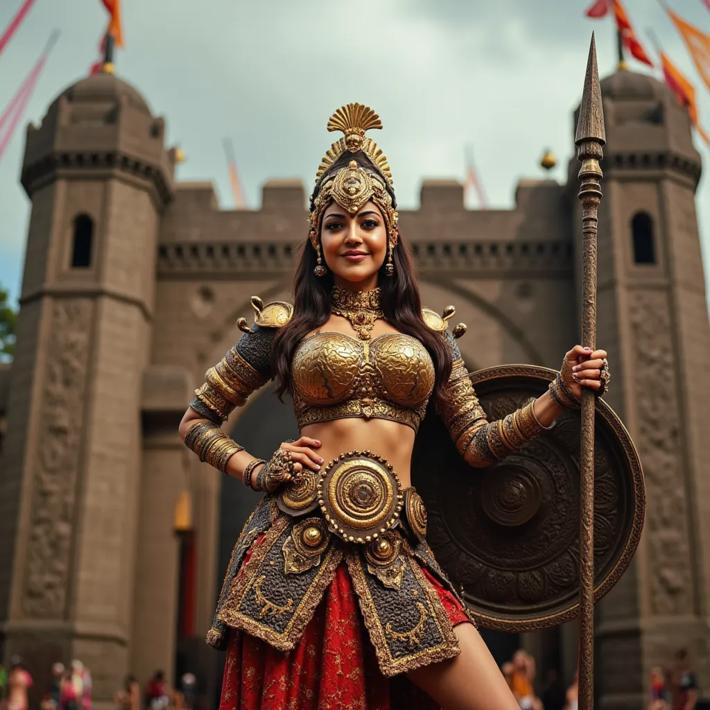 Kajal Agarwal as a traditional Indian warrior princess, adorned in intricately designed armor that accentuates her voluptuous figure, with deep cleavages and a defined navel on display. She stands resolutely at the entrance of a mythical fortress, holding ...