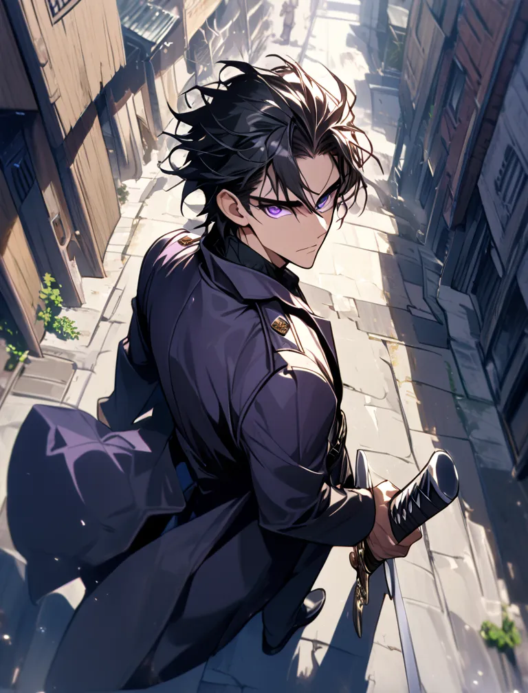 1man, swordsman, black hair, short hair, messy hair, drom above, high quality, sword, from above, nice perspective, from above, overcoat, fish eye, purple eyes