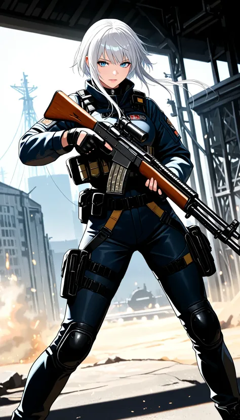 ( masterpiece, TOP QUALITY:1.2), 1 girl,  alone, \ character " atlus"\, combat motion with guns, light manners to dodge bullets, Look at enemies and fight back, realistic bullets fired from high-performance rifles, cinematic smoke stages, nice& beautiful c...