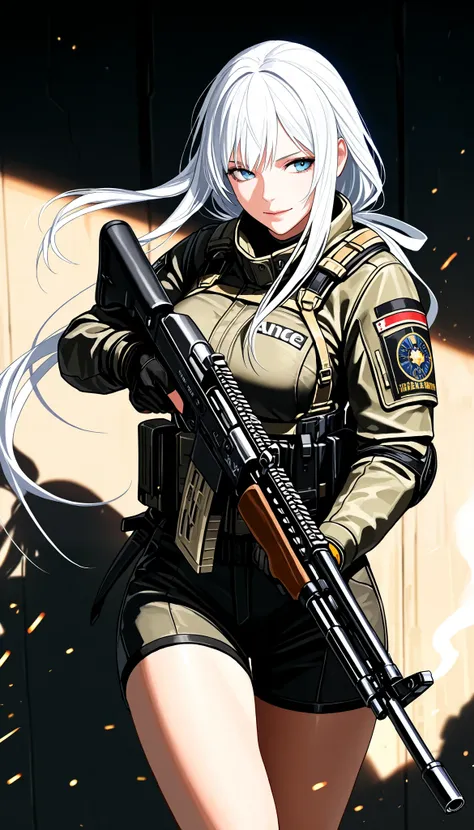 ( masterpiece, TOP QUALITY:1.2), 1 girl,  alone, \ character " atlus"\, combat motion with guns, light manners to dodge bullets, Look at enemies and fight back, realistic bullets fired from high-performance rifles, cinematic smoke stages, nice& beautiful c...