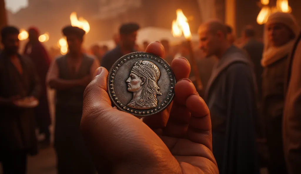 4.	Zenobia’s Coin
A hand holding a newly minted Palmyrene coin featuring Zenobia’s profile, the silver shining under torchlight as merchants marvel at the symbol of their queen’s power.