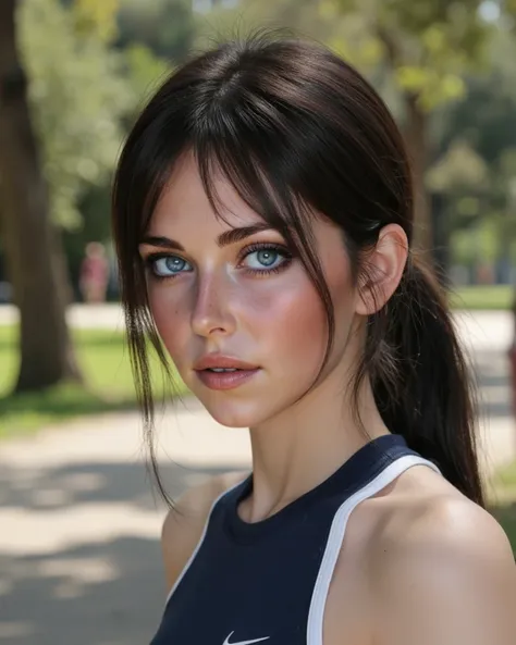 Full figure of an incredibly beautiful young woman (23-year-old) with stunning blue eyes and long black hair with bangs (hair with bangs), delicate freckles. 8k definition. She's in jogging gear, at Villa Borghese in Rome. Seen in profile.