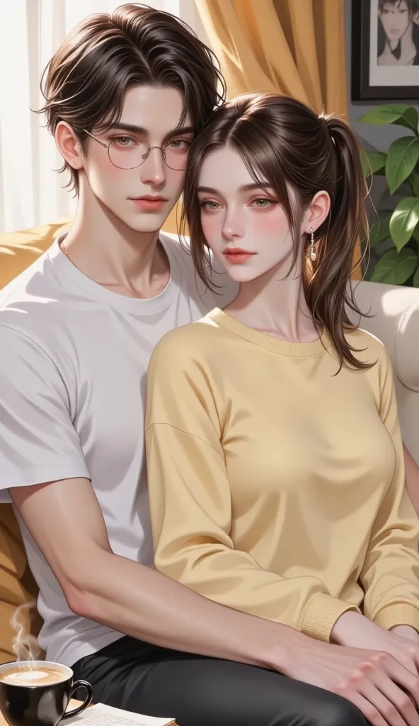 A beautifully detailed, high-resolution anime-style illustration of a young couple sitting closely on a cozy sofa, bathed in warm, golden sunlight from a nearby window. The scene captures a soft, romantic atmosphere with intricate lighting and shading, ens...