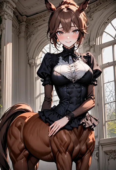 solo, solo, female, centaur, large breasts, thin waist, young, shy, intelligent, ballet, student, Chestnut brown fur, flaxen mane and tail, gentle, smile, mansion, close up, horse body, horse legs, centaur, centaur, Victorian, centaur girl, very tall