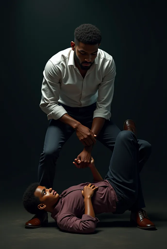 A tense and dramatic image of a young black American father standing, Wearing a flawless white shirt, black jeans and well-polished dress shoes.  Their posture is erect and imposing , with a face marked by an expression of intense anger, furrowed eyebrows ...