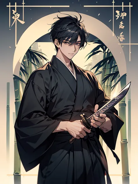 (1.2, high quality), (Pixiv:1.4), (1 young man ),, 25-year-old male、、 Dramatic Lighting、black hair short hair、Blue Hakama、New Year、With a sword、bamboo forest、 Moving Composition 