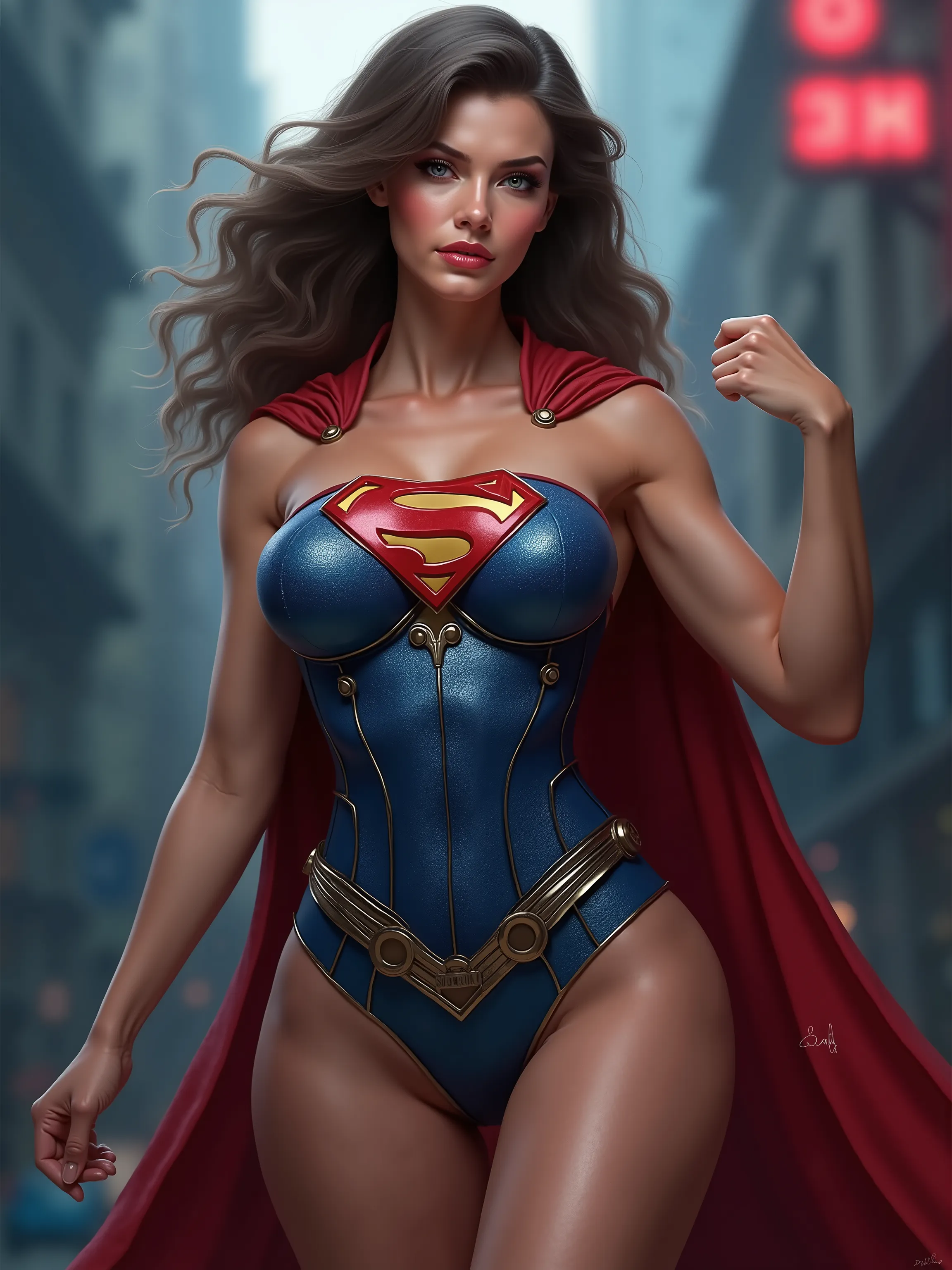  A hot and sexy muscular Supergirl complete with an erotic blue Superman corset costume and cape with a large Superman emblem. SO SEXY SUPERGIRL  