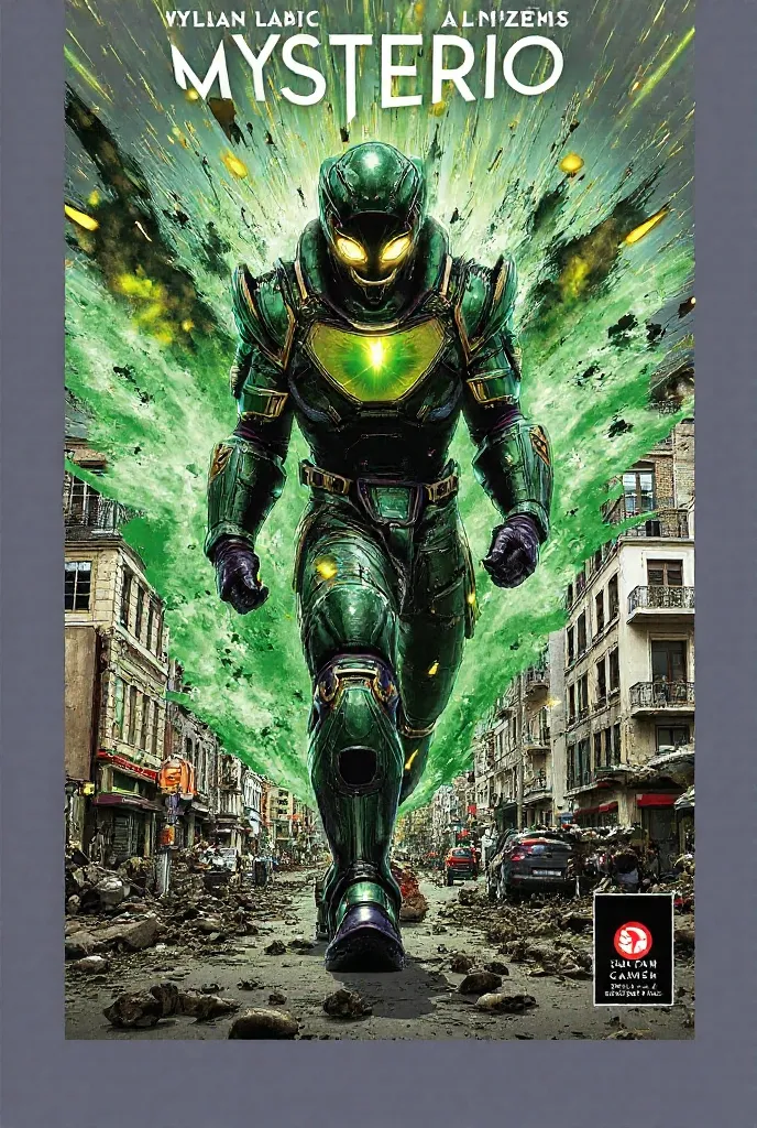 An explosive comic book cover in modern HQ style, showing the fusion of Mysterio and Green Goblin emerging from a devastating greenish explosion in the center of a ruined city. The character, now a hybrid villain, wears a futuristic green and gold metallic...