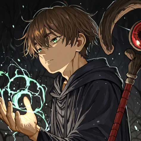 Create a high-quality (4K, HD) image of a 17-year-old male wizard with brown hair and intense green eyes. His face is masculine, even though he is a 17-year-old. The 17-year-old man is approximately 1.70 m tall and has a slim, agile body, his gaze expresse...