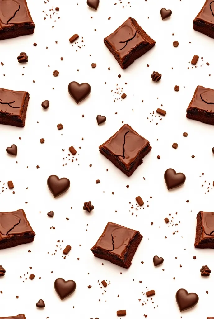 A seamless pattern on a white background featuring rich and moist chocolate brownies with slightly cracked tops. Scattered throughout are chocolate pieces, some whole and some broken, along with a fine dusting of cocoa powder. Cute heart shapes add a charm...