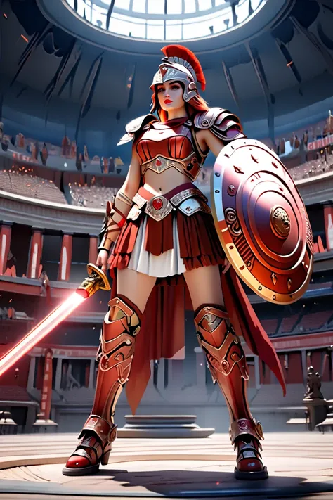  ( bestquality,4K,8k, highres,masterpiece:1.5),ultra-detailed,(realistic,photorealistic,photo-realistic:1.3),HDR,UHD,depicts future robot armor with motifs of gladiators from the ancient Roman Empire、 Concept Art Style 、１８a beautiful red haired girl with r...