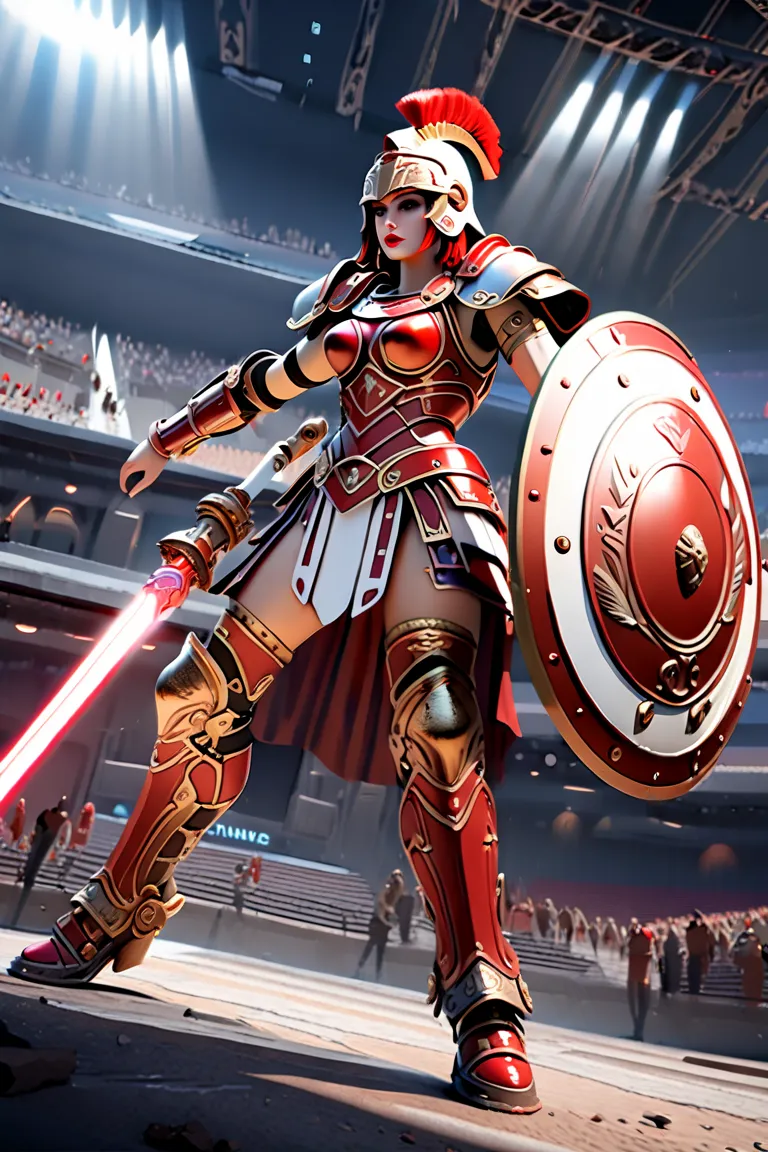  ( bestquality,4K,8k, highres,masterpiece:1.5),ultra-detailed,(realistic,photorealistic,photo-realistic:1.3),HDR,UHD,depicts future robot armor with motifs of gladiators from the ancient Roman Empire、 Concept Art Style 、１８a beautiful red haired girl with r...