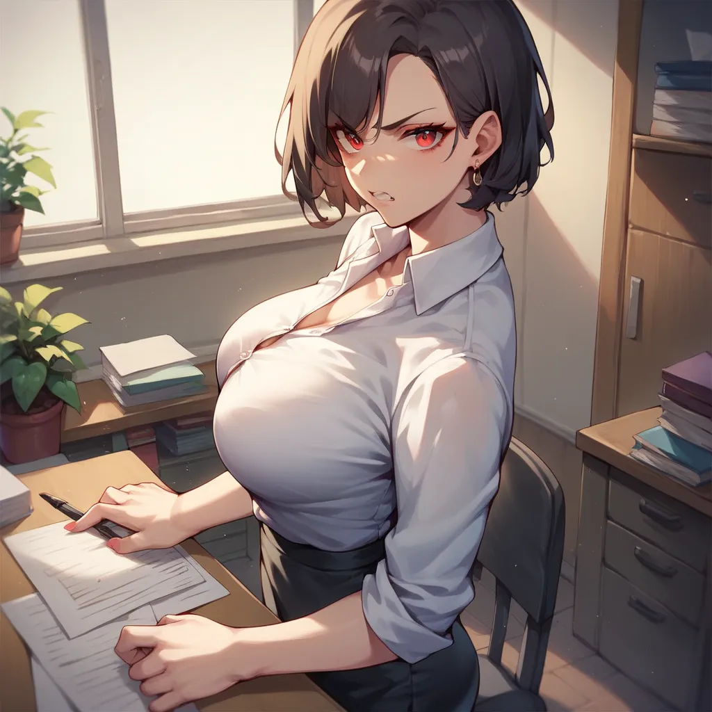 a MILF with short black hair and red eyes. she is wearing black office clothes while standing in an office. she looks very angry at you.