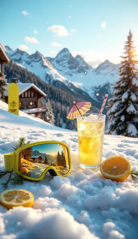 neon-yellow ski goggle frame rests on a thick layer of fresh, fluffy snow in the foreground. Its lenses reflect the enchanting mountain landscape: snow-covered alpine chalets with warmly lit windows, frost-kissed fir trees, and majestic peaks sparkling und...