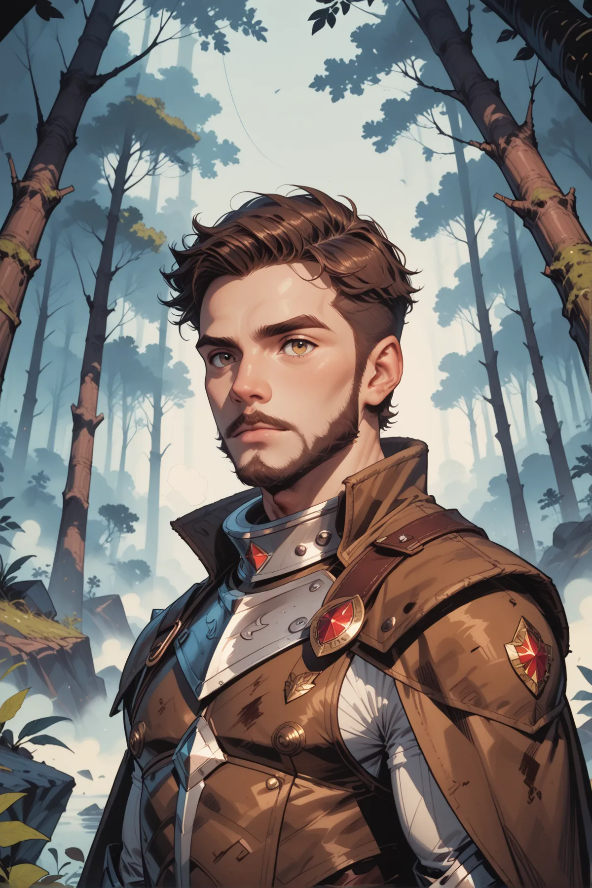 masterpiece, best quality, hi res, newest, concept art, realistic, dark theme, low light, 1boy, young man, solo, male focus, straight brown hair, rugged male character with medium-length hair that falls just below the ears, slightly messy with a natural ce...