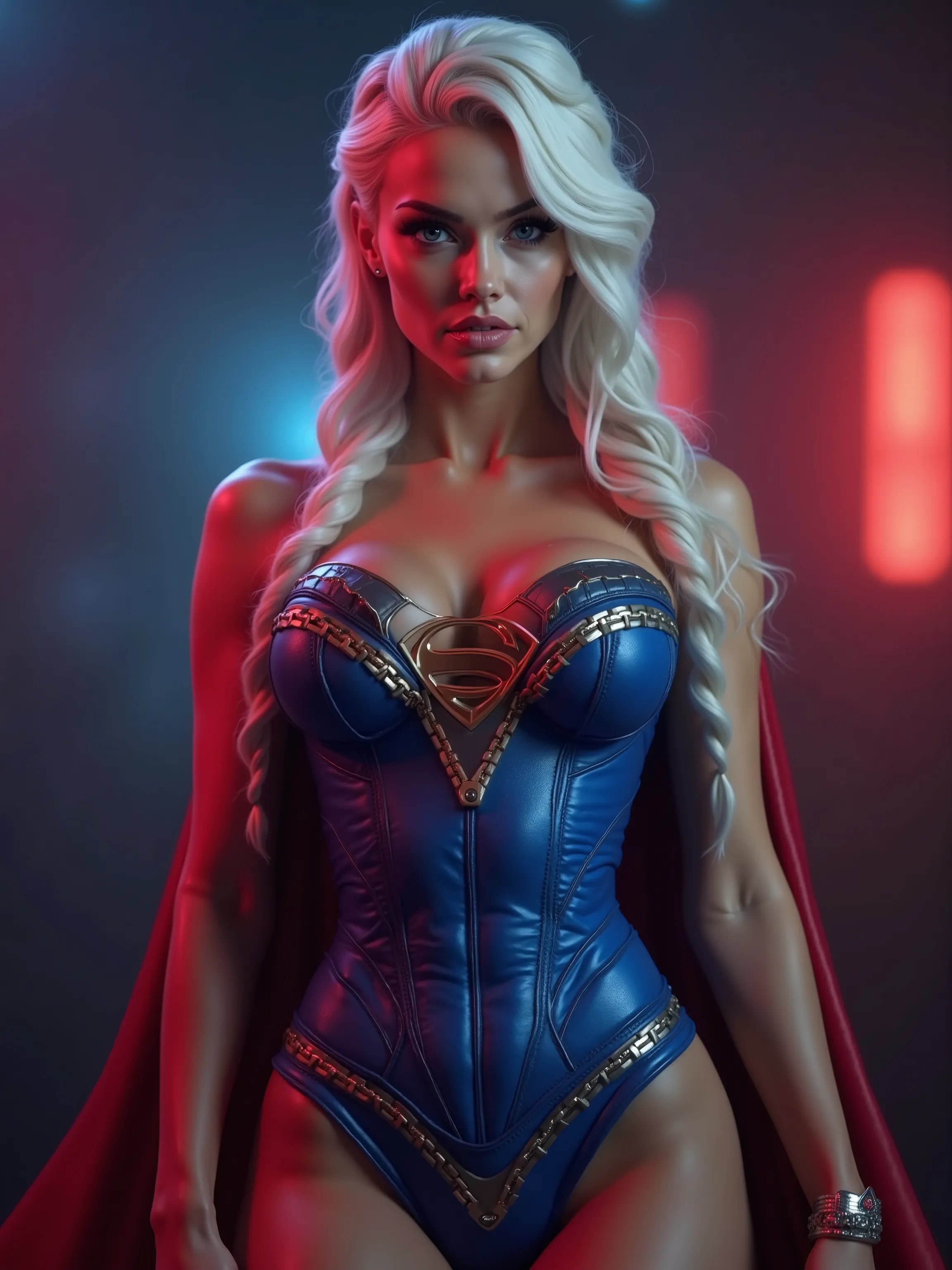  A hot and sexy sporty Supergirl with white hair braid complete with an erotic blue Superman corset costume and cape with a large Superman emblem. SO SEXY SUPERGIRL  