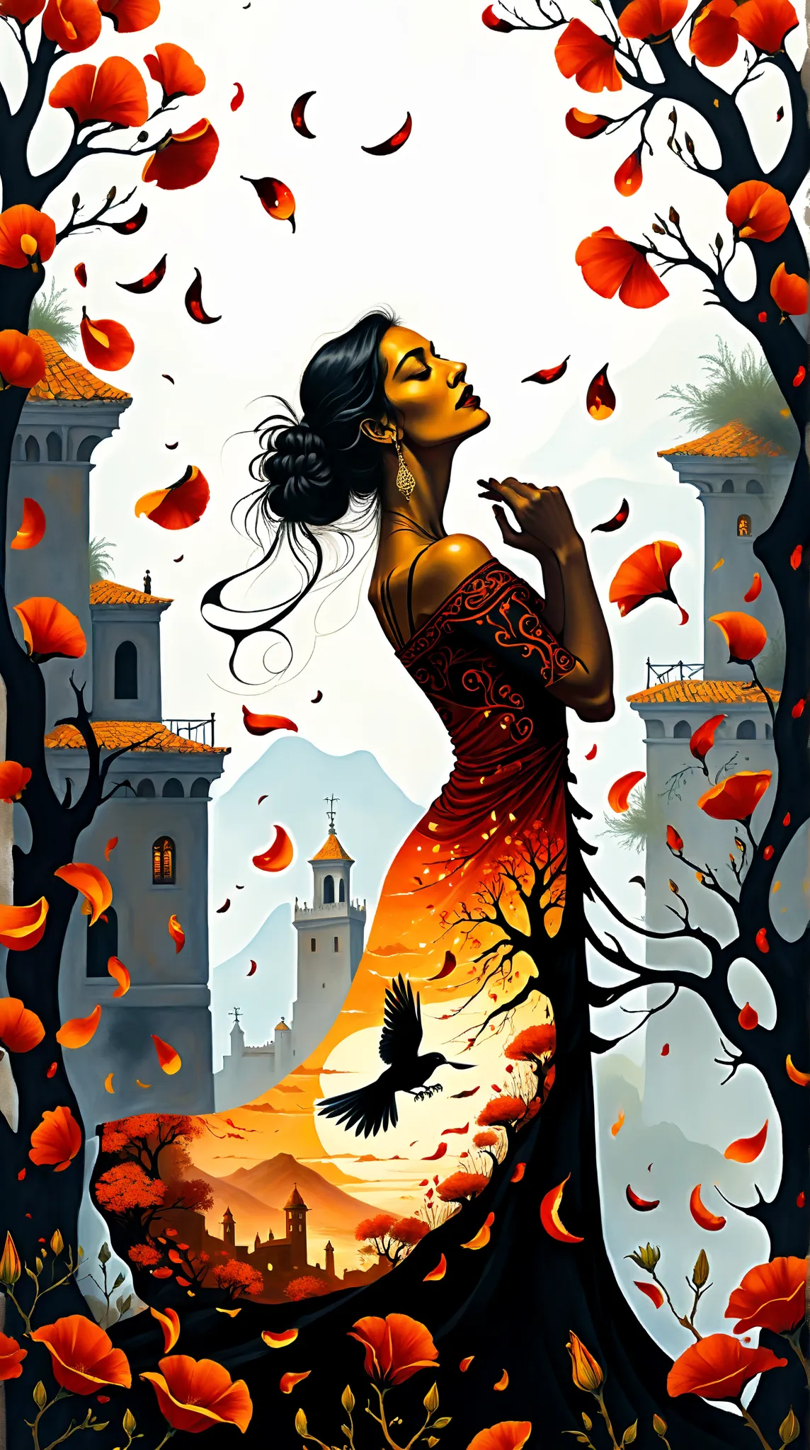 In the heart of Andalusia, where sun-scorched plains, ancient rivers, and molten sunsets collide, a Flamenco dancer embodying Spain’s Gypsy soul emerges—her form a tempest of fire and shadow, hair raven-black and coiled with rose petals, trailing cigarillo...