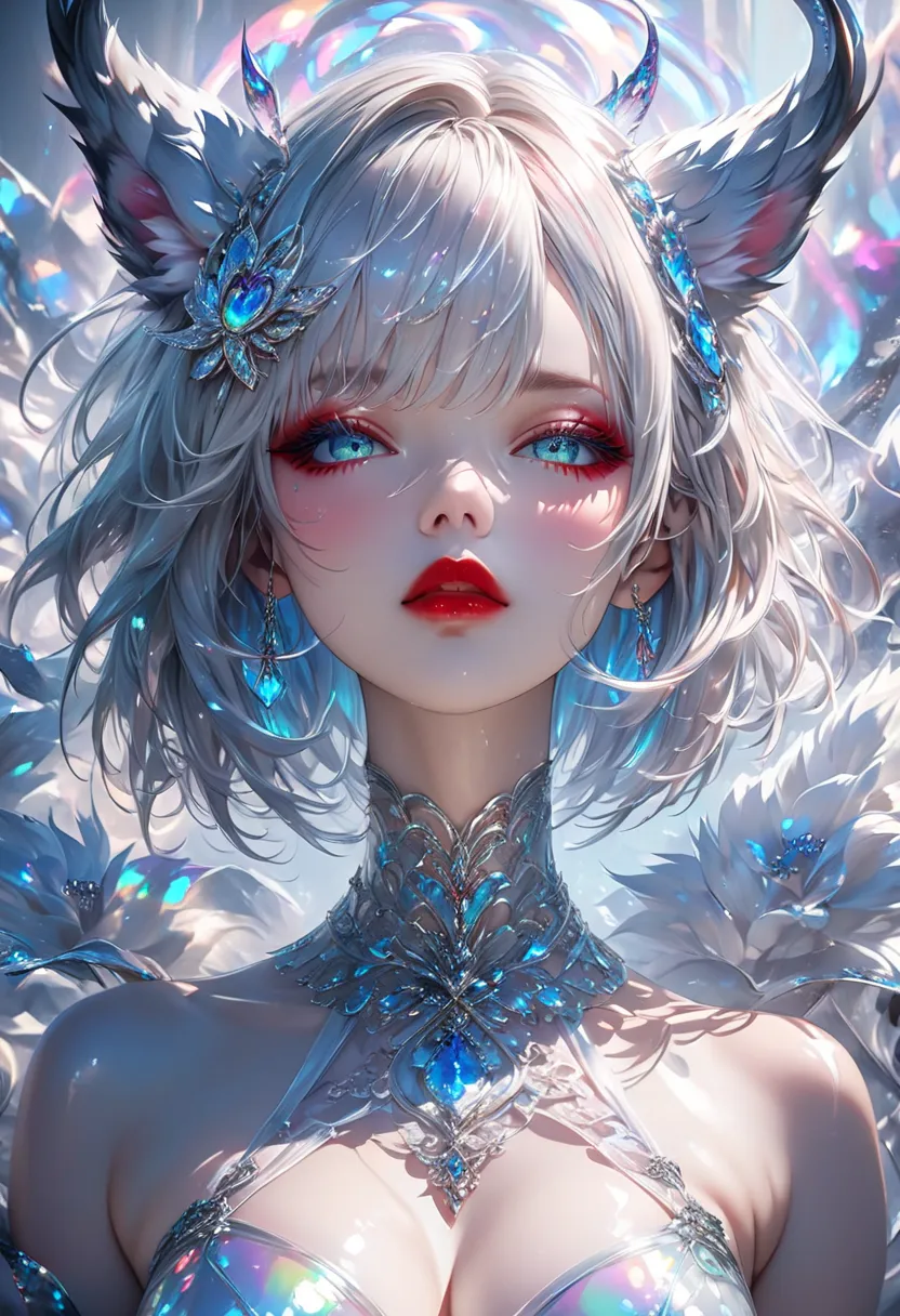 close-up of a beautiful beast, highly detailed, sharp focus, vivid colors, soft lighting, cinematic composition, glossy silky flowing high layered silver short cut hair, lewd expression, seduction, red lips, captivating blue eyes, make up, lewd great body ...