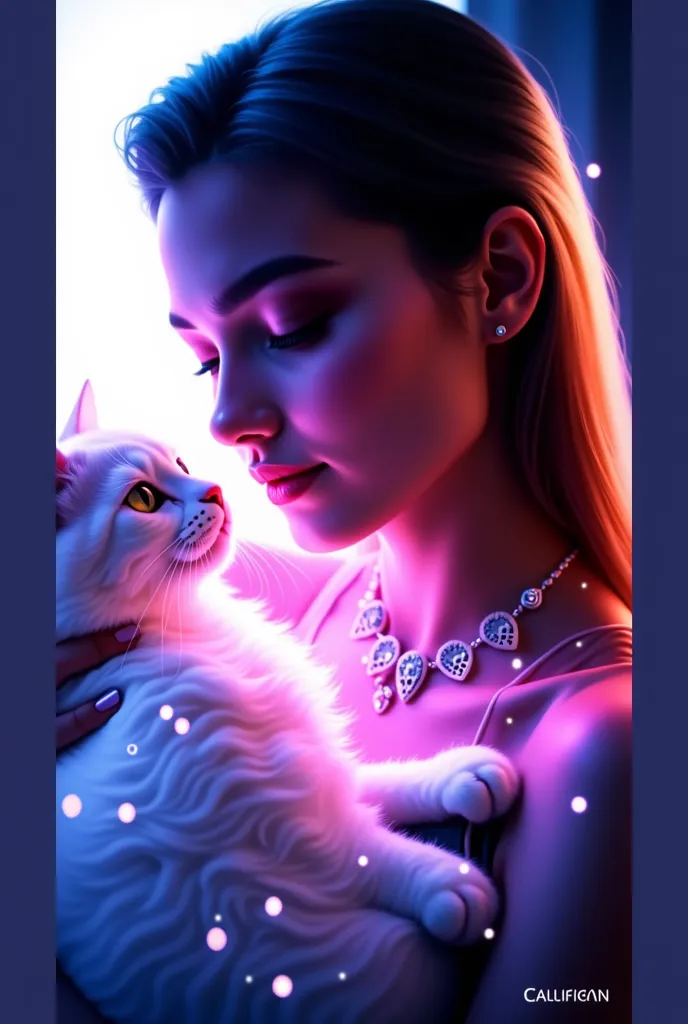 Create an image of a woman with long, dark hair holding a white cat in her arms. Both are illuminated by iridescent light, creating a magical and dreamlike atmosphere. The woman has her eyes closed, looking peaceful and happy.
