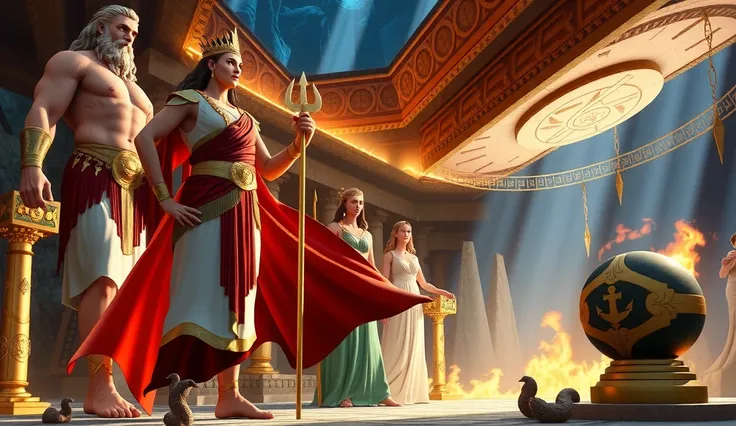 zeus with his siblings , poseidon, hades, hera , demeter and hestia togethar in a cave