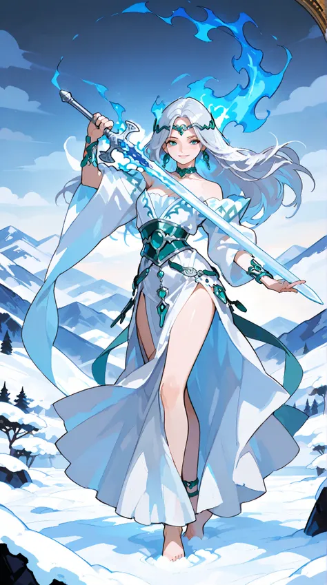 Draw the Sword of Snowy Mountain,  Ancient Style Woman's Cold Ice Flaming Sword , A sword blazing with blue flames in hand, A sword in white dancing in the snow, long hair fluttering, Beautiful woman holding a silver sword, Wearing jade jewelry,  Her face ...