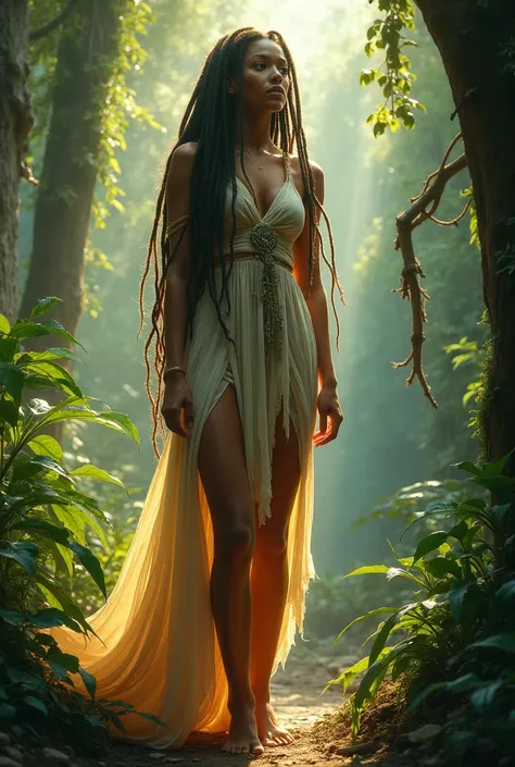 arafed woman in a dress standing "no bra", in a forest, jungle gown, nature goddess, in a jungle environment, long dreadlocks, gorgeous woman, tall thin beautiful goddess, in nature, hippie fashion