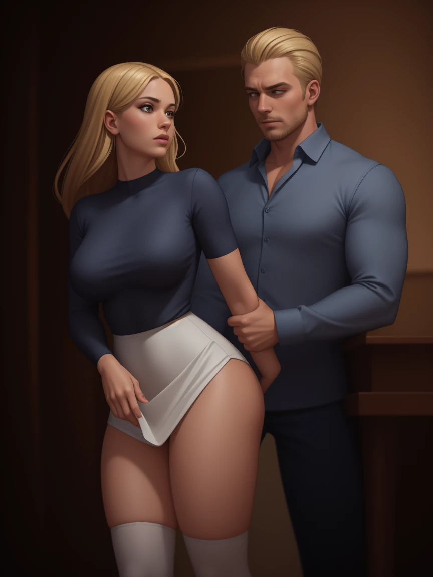 illustration of A man and a woman in a seductive and intimate pose. The man is standing straight, he wears a long-sleeved blue shirt, fitted to the body, and dark pants. He has a strong and imposing physique. The sexy woman is sitting at a table, has long ...