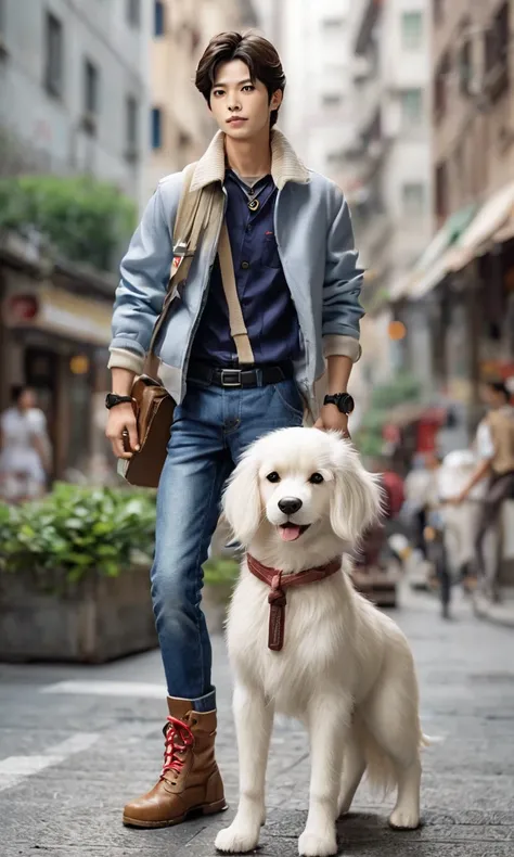  realistic、 real 、This dog has long white straight hair、is a great urban explorer、Hind legs２Walking with a book、casual work clothes,  with unique attire Not only because ,  with unwavering determination and personality . Those boots are branded、every step ...