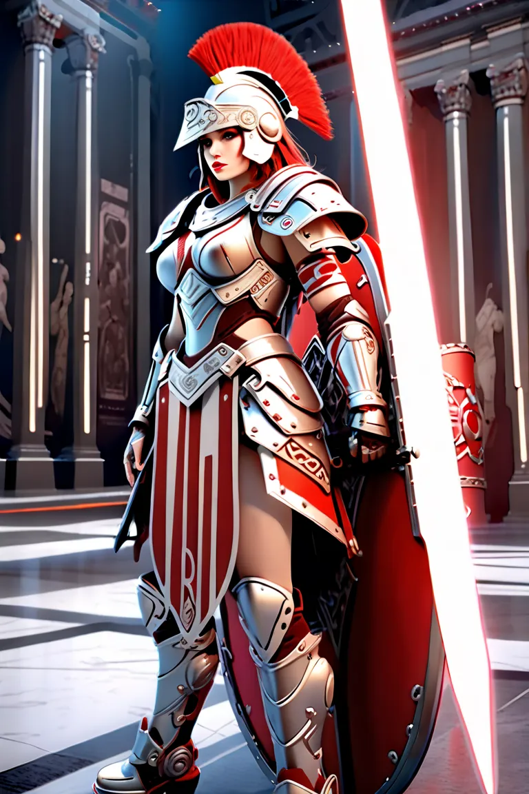  ( bestquality,4K,8k, highres,masterpiece:1.5),ultra-detailed,(realistic,photorealistic,photo-realistic:1.3),HDR,UHD,depicts future robot armor with motifs of gladiators from the ancient Roman Empire、 Concept Art Style 、１８a beautiful red haired girl with r...