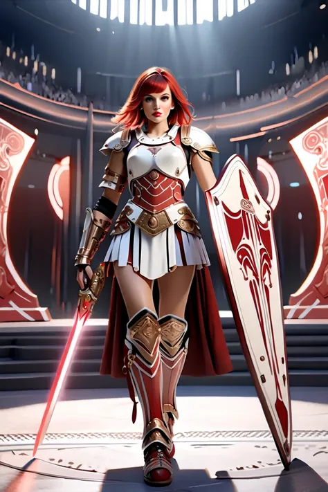  ( bestquality,4K,8k, highres,masterpiece:1.5),ultra-detailed,(realistic,photorealistic,photo-realistic:1.3),HDR,UHD,depicts future robot armor with motifs of gladiators from the ancient Roman Empire、 Concept Art Style 、１８a beautiful red haired girl with r...