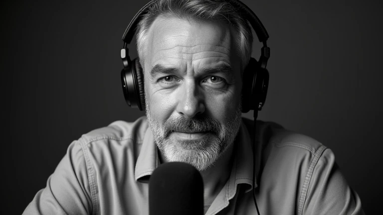 "A black-and-white thumbnail with high contrast, featuring a 40-year-old man wearing headphones, staring directly at the audience. A podcast microphone is positioned in front of him, emphasizing his engagement. The image should capture his full head, along...