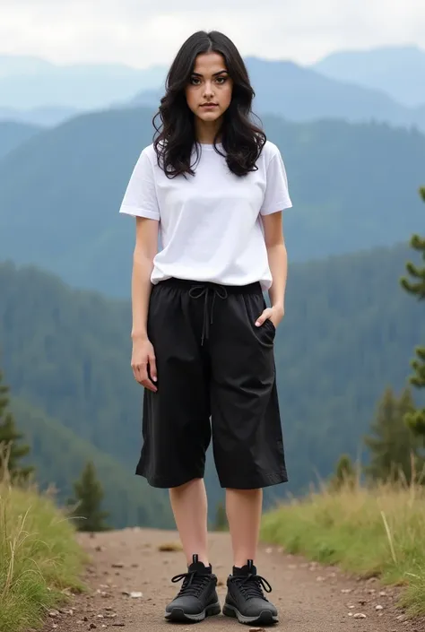 Facing  front portrait, full body portrait,  Real human photo, anie  is a 25 years old womam, medium and tall body, white skin. Shoulder length wavy black hair, large black eyes,  . Wearing   plain white t-shirt,,  black hiking Bermuda  short  pant , , bla...