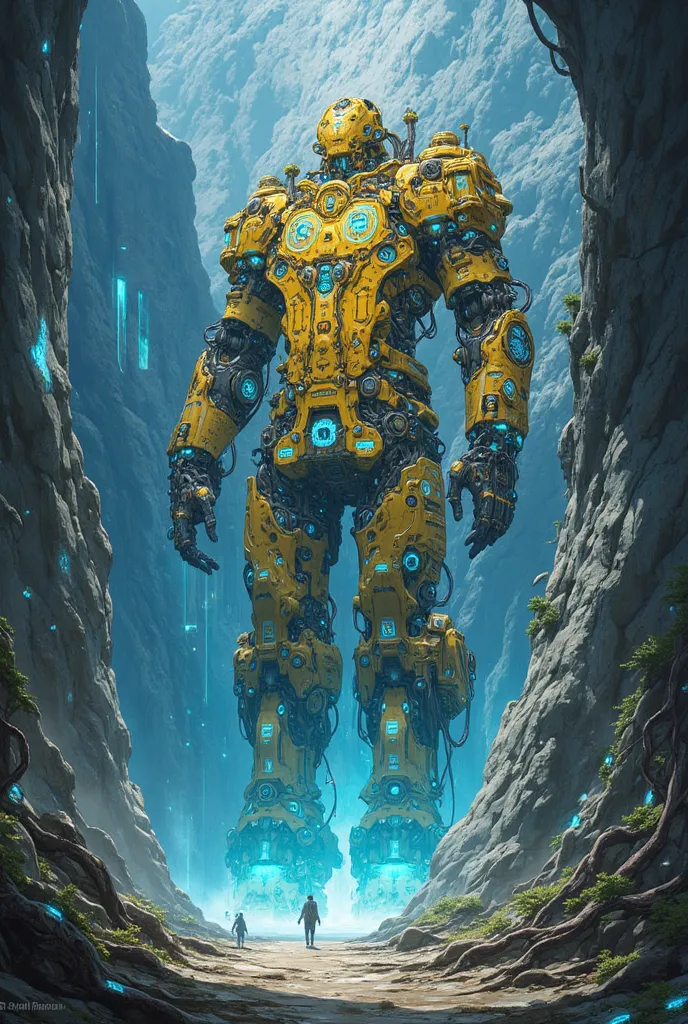 A colossal machine built with golden gears and alien symbols glowing in bluish tones, embedded in an ancient mountain, surrounded by luminous roots and vines, mystical and sacred appearance, radiating a soft, pulsating energy