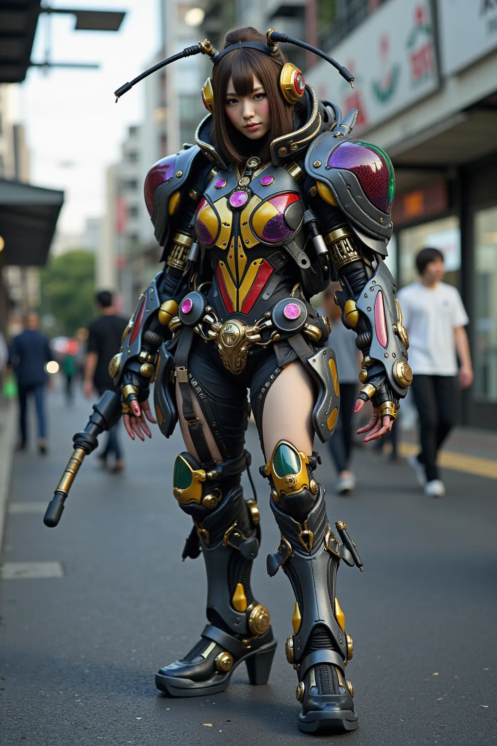 Masterpiece, top quality, 8k, Japanese woman in heavy armed jewel beetle-like animal bio suit, A machine is implanted in the living body, inverted jointed leg, vvivid color and vivid textures, ultimate realistic beautiful female face, bio-mechanical, ultim...