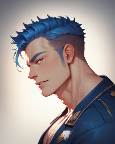 Traditional anime style, based on the Blue Look series; young adult man with a prominent physique with curly silver blue hair in dark blue uniform, Number 11 and different blue auras 