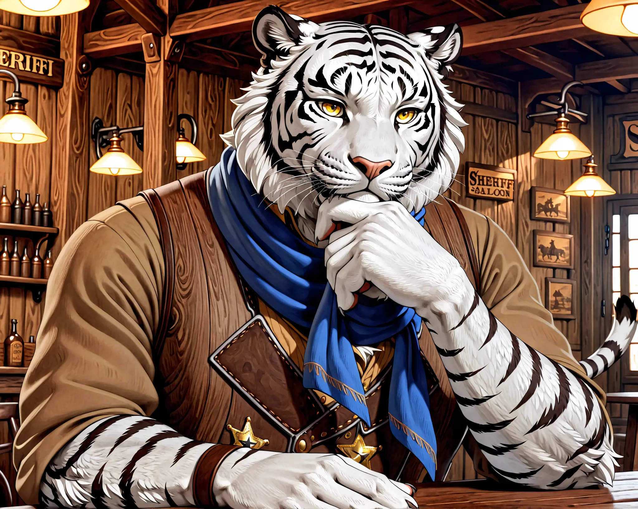 (Masterpiece, Absurdres, Hyper detailed, 4k, UHD) Anime-style illustration, Anatomically correct, (((Solo))) Fantasy Western, 1 Neat adult male, White tiger, Yellow eyes, Serious look, Sheriff, Sheriff-style outfit, Blue-scarf, Western Saloon, Sitting at a...