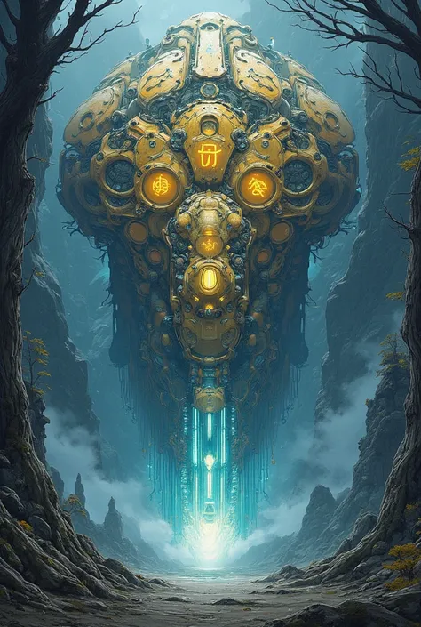 A colossal machine built with golden gears and alien symbols glowing in bluish tones, embedded in an ancient mountain, surrounded by luminous roots and vines, mystical and sacred appearance, radiating a soft, pulsating energy