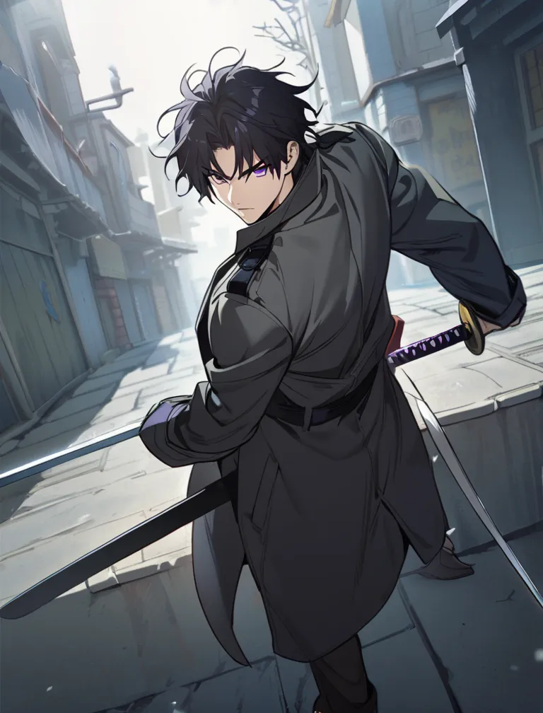 1man, swordsman, black hair, short hair, messy hair, bangs hair, high quality, sword, nice perspective, overcoat, purple eyes, point sword