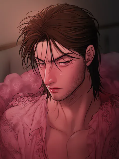 A man with short mullet brown hair, serious handsome features, pink expensive short lacy nightgown. 