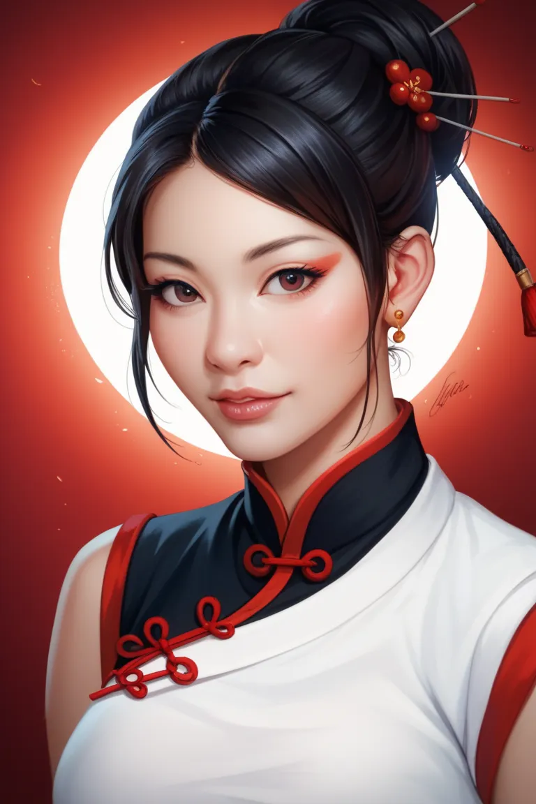 Woman in Chinese clothes, only the face,  black hair with red details